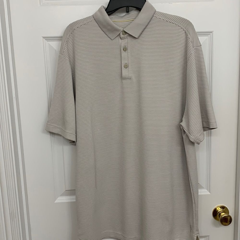 Caribbean Size Large polo/golf shirt. Gray and white stripe NWOT